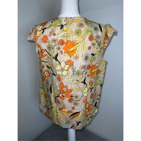 Women’s Linen Blend Floral Tie Front Blouse Top Large - Picture 5 of 9